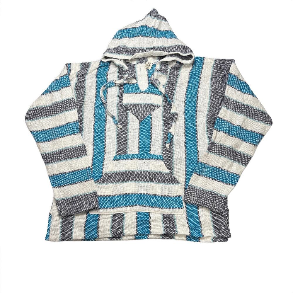 Yarima Blue White Black Striped Baja Hoodie Eco Yarn LARGE